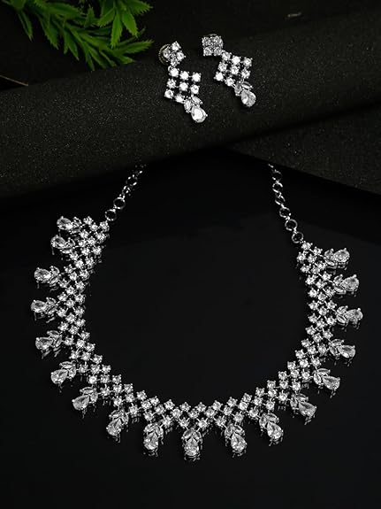 LukGud Rosegold Rhodium Plated AD Necklace Set for Women | Birthday Gift for Girls & Women