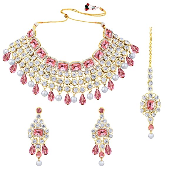 LukGud Crystal Choker Necklace with Maang Tikka Earrings Indian Traditional Bridal Wedding Jewellery Set for Women