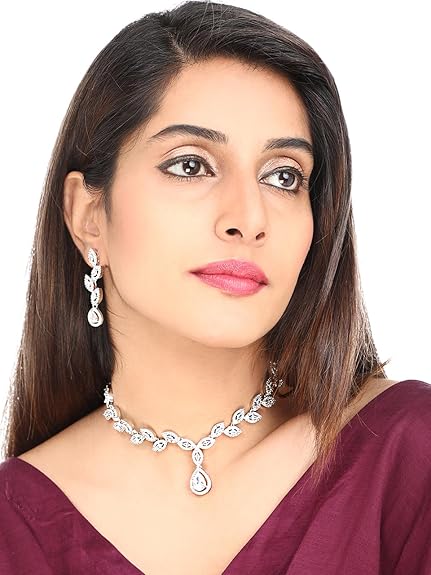 LukGud Rosegold Rhodium Plated AD Necklace Set for Women | Birthday Gift for Girls & Women