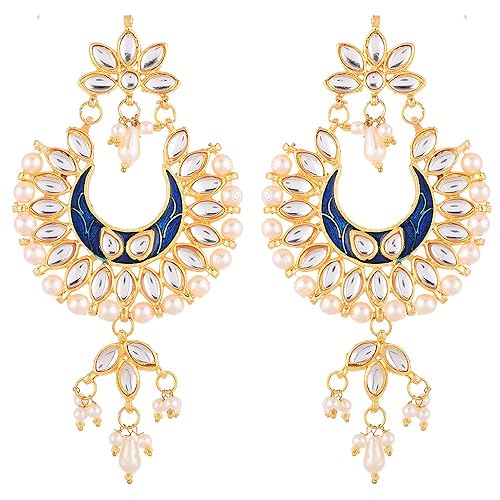 LukGud Earring Gold Plated Brass Kundan Pearl Studded Designer Pink Chandbali Jhumka Earring Jewellery For Girl And Women