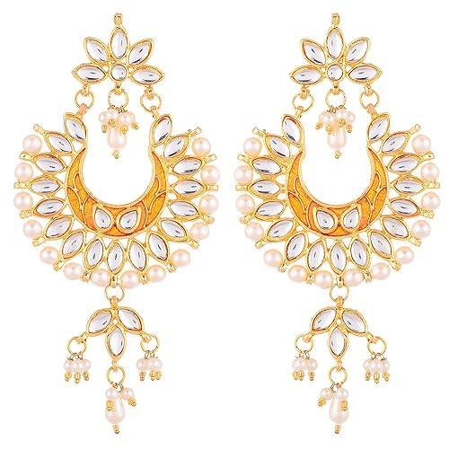 LukGud Earring Gold Plated Brass Kundan Pearl Studded Designer Orang Chandbali Jhumka Earring Jewellery For Girl And Women