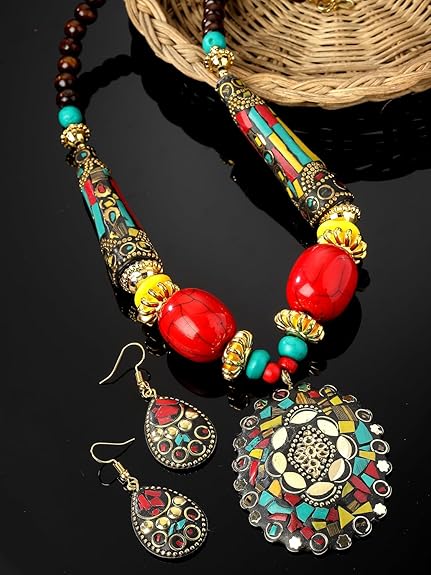 LukGud Latest Stylish Traditional Tibetan Pendant Necklace Jewellery Set for Women