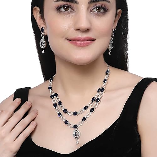 LukGud American Diamond Studded Abstract Necklace With Earrings Jewellery Set For Girls and Women
