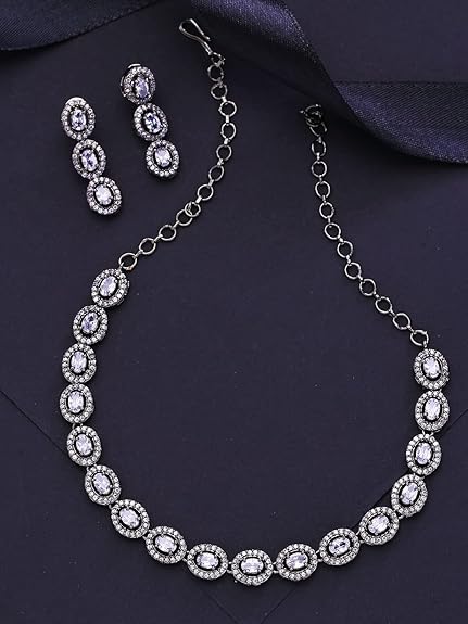 LukGud American Diamond Rhodium Rose Gold Plated AD Necklace Jewellery Set for Women