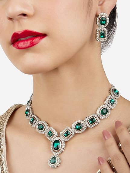 LukGud Green Stones & Dazzling Austrian Diamonds Embellished Necklace & Earring Set For Women