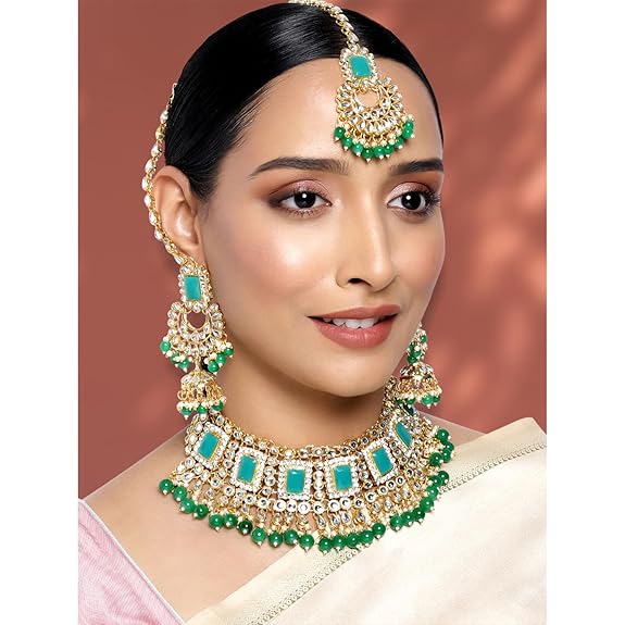LukGud Rani Padmavati Dulhan Bridal Kundan Pearl Adjustable Choker Necklace with Earrings Maang Tikka for Women Girls Indian Traditional Jewellery Set