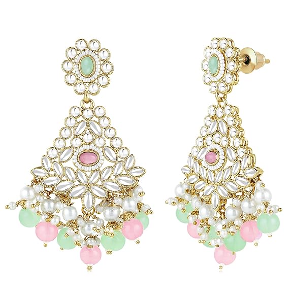 LukGud Gold Plated Kundan & Beads Studded Choker Necklace Dangle Earrings & Maangtikka Set Ethnic Jewellery for Women