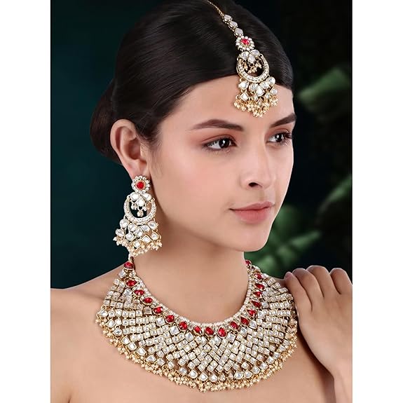 LukGud Green Gold Plated Indian Traditional Polki Look Kundan Bridal Necklace Earring Set with Maang Tikka for Women