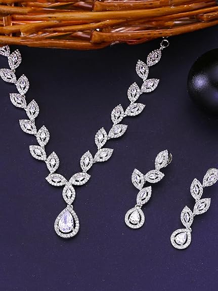 LukGud Rosegold Rhodium Plated AD Necklace Set for Women | Birthday Gift for Girls & Women