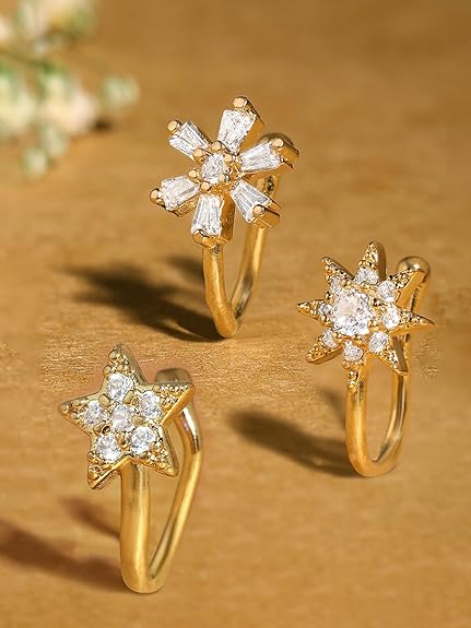 LukGud Set of 3 Gold Tone Cubic Zirconia Contemporary Brass Clip On Nose Pins For Women