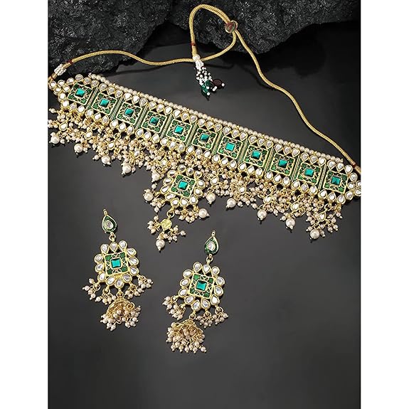 LukGud Gold Plated Meenakari Bridal Choker Necklace Earring Jewellery Set for women