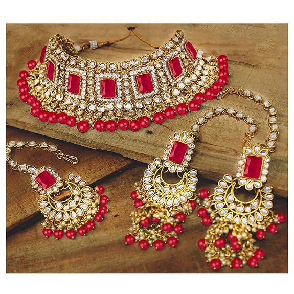 LukGud Rani Padmavati Dulhan Bridal Kundan Pearl Adjustable Choker Necklace with Earrings Maang Tikka for Women Girls Indian Traditional Jewellery Set