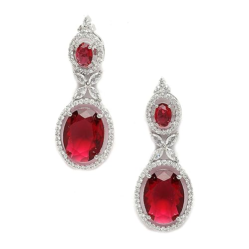 LukGud Oxidised Silver-Plated American Diamond studded Oval Shaped Drop Earrings Jewellery For Girls and Women