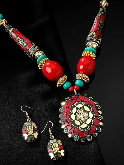 LukGud Latest Stylish Traditional Tibetan Pendant Necklace Jewellery Set for Women