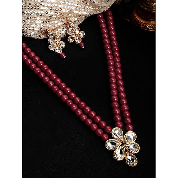 LukGud 18k Gold Plated Traditional Kundan & Pearl Studded Necklace Jewellery Set For Women