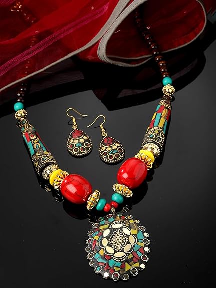 LukGud Latest Stylish Traditional Tibetan Pendant Necklace Jewellery Set for Women