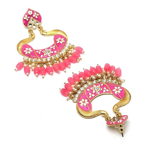 LukGud Gold-Plated Kundan & Pearls studded Peacock Shaped Handcrafted Drop Earrings