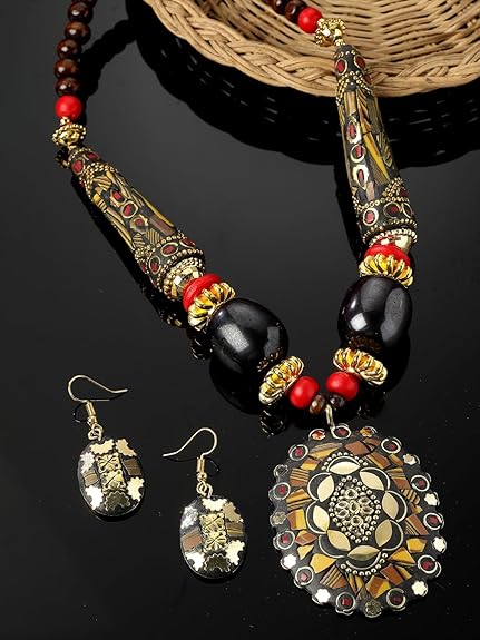 LukGud Latest Stylish Traditional Tibetan Pendant Necklace Jewellery Set for Women