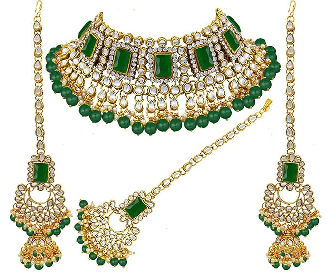 LukGud Rani Padmavati Dulhan Bridal Kundan Pearl Adjustable Choker Necklace with Earrings Maang Tikka for Women Girls Indian Traditional Jewellery Set