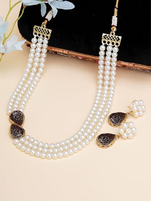 LukGud Pink Stone Studded Pearl Kundan Necklace Set for Women