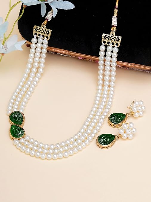 LukGud Pink Stone Studded Pearl Kundan Necklace Set for Women
