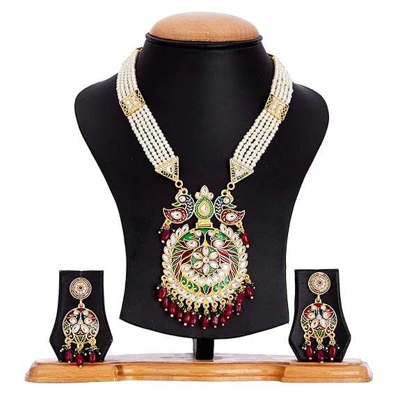LukGud Jewellery Set Gold Plated Long Necklace Hyderabadi Design Pearl Peacock Necklace Set With Earring Jewellery For Women & Girls
