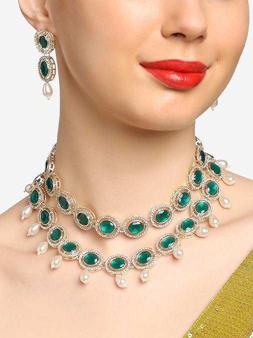 LukGud Artificial Stones & Beads Bridal Necklace & Earring Set For Women