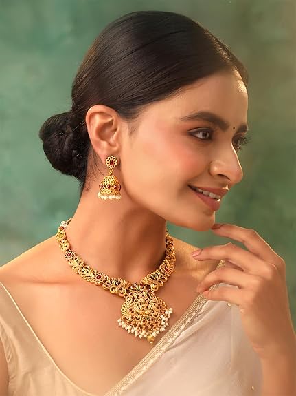 LukGud Jewellery Set for Women Gold-Plated Temple Necklace Set Stone-Studded For Women & Girls