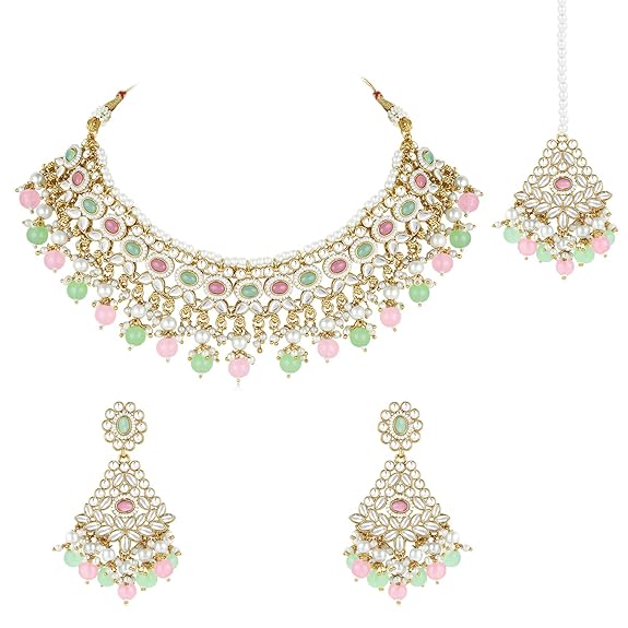 LukGud Gold Plated Kundan & Beads Studded Choker Necklace Dangle Earrings & Maangtikka Set Ethnic Jewellery for Women