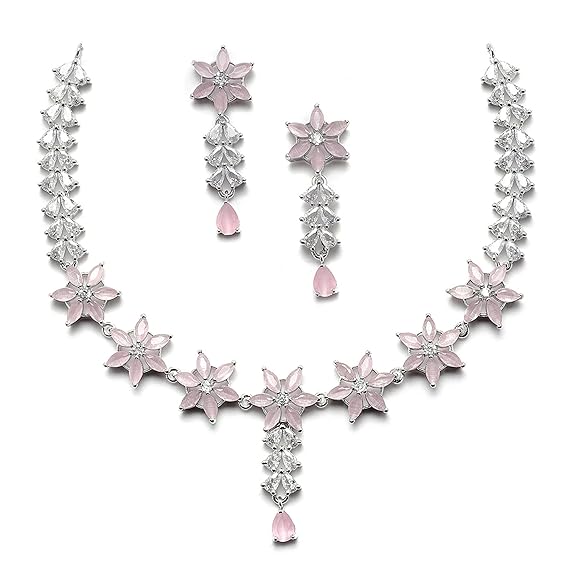 LukGud American Diamond Studded Necklace Earrings Jewellery Set for Girls and Women
