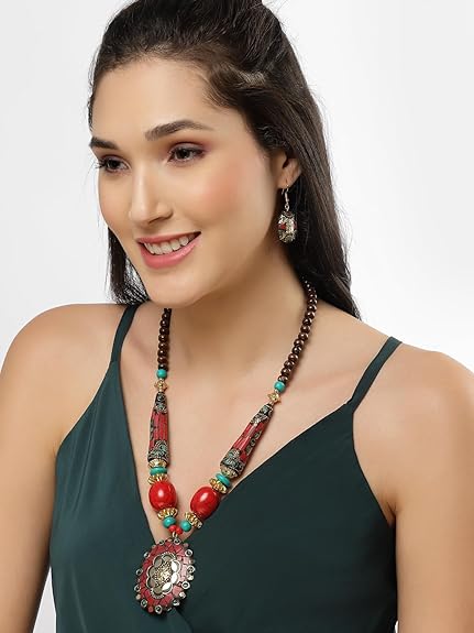 LukGud Latest Stylish Traditional Tibetan Pendant Necklace Jewellery Set for Women