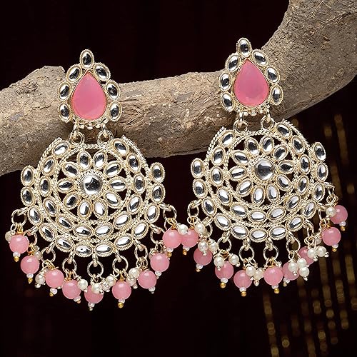 LukGud Gold-Plated Kundan studded Crescent Shaped Chandbali Earrings for Girls and Women