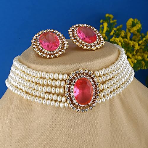 LukGud 18k Gold Plated Latest Stylish Fancy Choker Traditional Pearl Necklace Jewellery Set for Women
