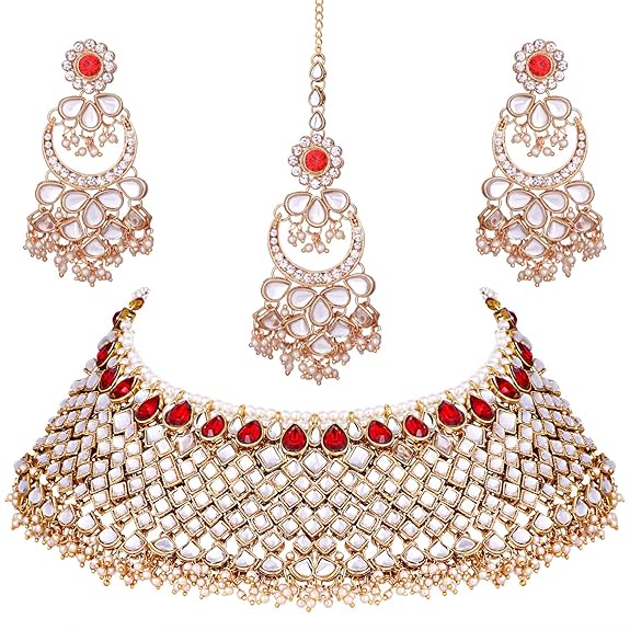 LukGud Green Gold Plated Indian Traditional Polki Look Kundan Bridal Necklace Earring Set with Maang Tikka for Women