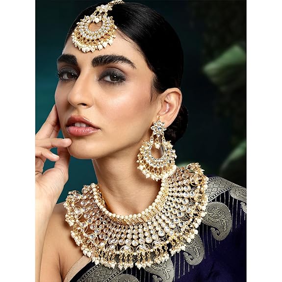 LukGud Indian Wedding Traditional Gold Plated Kundan Choker Necklace Set with Tikka and Earrings for Wome Girls