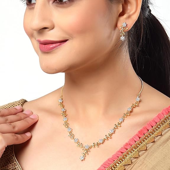 LukGud Jewellery Set Sparkling CZ Diamond with Leafy Design Necklace Set for Women and Girl