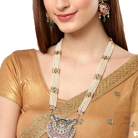 LukGud Jewellery Set Gold Plated Long Necklace Hyderabadi Design Pearl Peacock Necklace Set With Earring Jewellery For Women & Girls