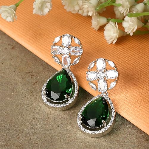 LukGud Rhodium-Plated American Diamond Studded Teardrop & Floral Shaped Drop Earrings For Girls and Women
