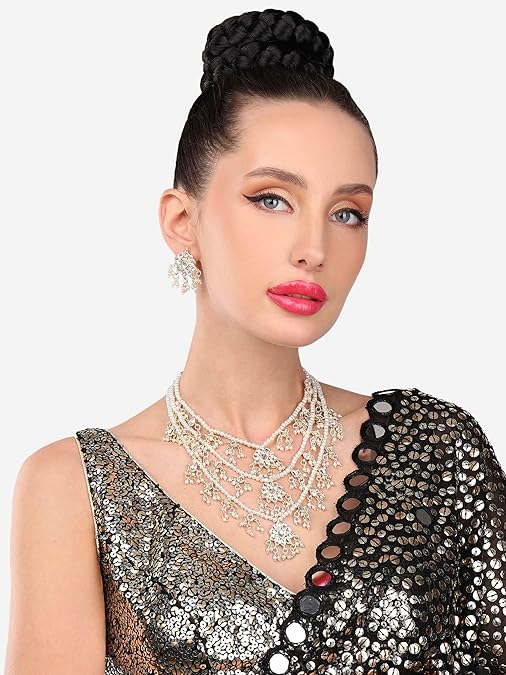 LukGud Ethnic Kundan & Pearls Multi Layers Bridal Necklace Set For Women