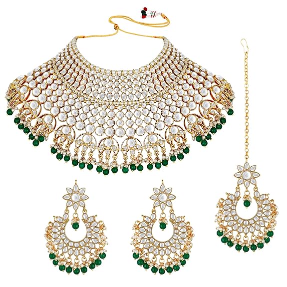 LukGud Indian Wedding LukGud Traditional Gold Plated Kundan Choker Necklace Set with Tikka and Earrings for Women Girls