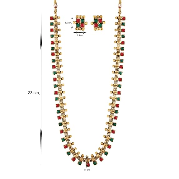 LukGud South Indian Stylish Multicolour Stone Work Long Necklace With Earrings For Women & Girls