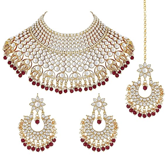 LukGud Indian Wedding Traditional Gold Plated Kundan Choker Necklace Set with Tikka and Earrings for Women Girls