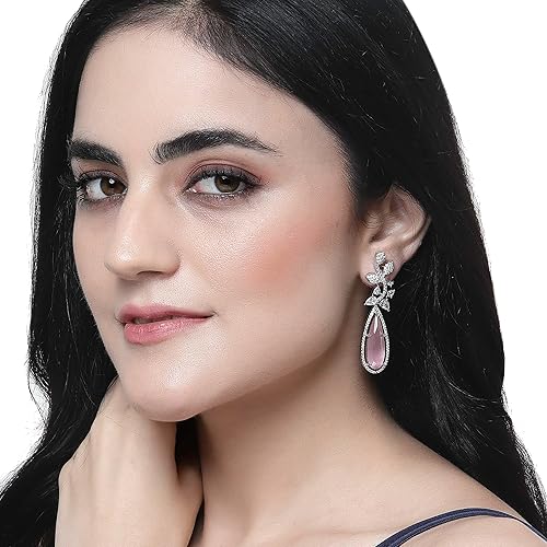 LuKGud Rhodium-Plated American Diamond Studded Teardrop & Leaf Shaped Drop Earrings For Girls and Women