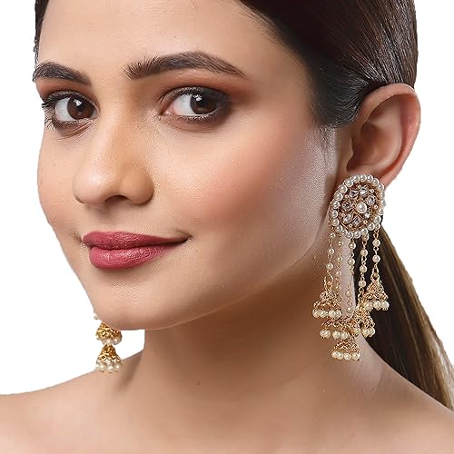 LukGud Earring Gold Plated Beaded Handcrafted Bahubali Inspired Devsena Jhumka Fringed Dangle Jewellery For Girl And Women