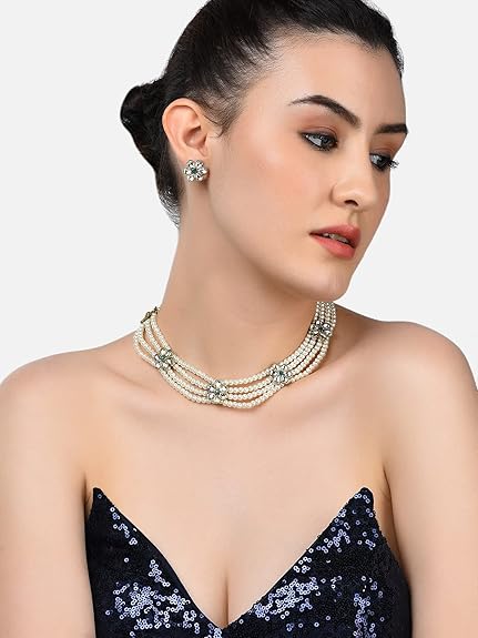 LukGud Gold Tone Kundan Flowers Multistrand Pearls Necklace & Earring Set For Women