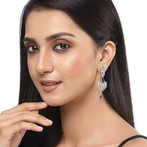 LukGud Rhodium-Plated American Diamond Studded Handcrafted Spiked Drop Earrings For Girls and Women