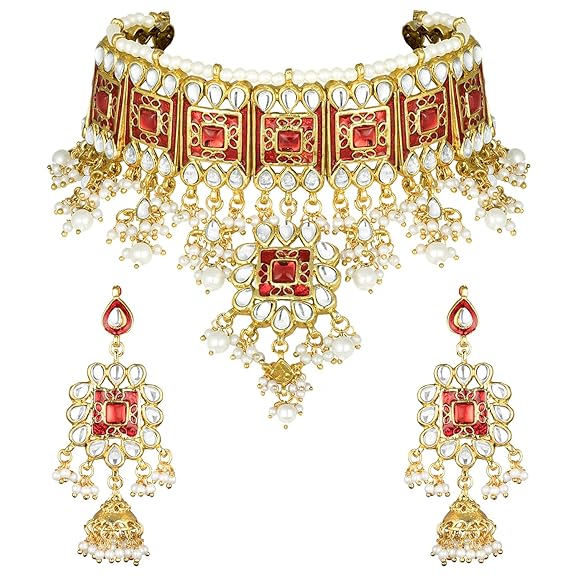 LukGud Gold Plated Meenakari Bridal Choker Necklace Earring Jewellery Set for women