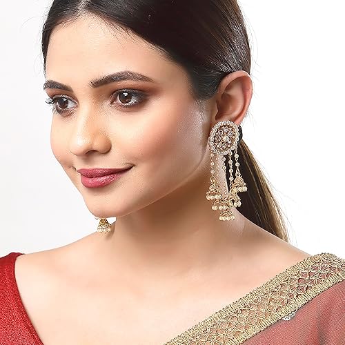 LukGud Earring Gold Plated Beaded Handcrafted Bahubali Inspired Devsena Jhumka Fringed Dangle Jewellery For Girl And Women