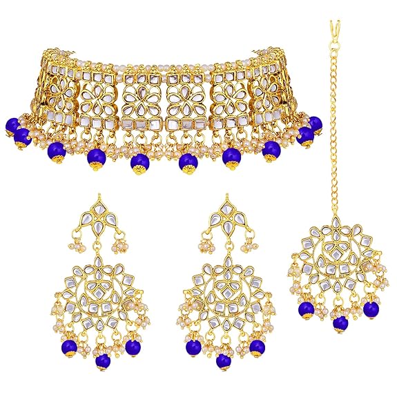 LukGud Ethnic Indian Traditional Jewellery Kundan Choker Necklace Earring Maang Tikka Set Gift for Women Girls