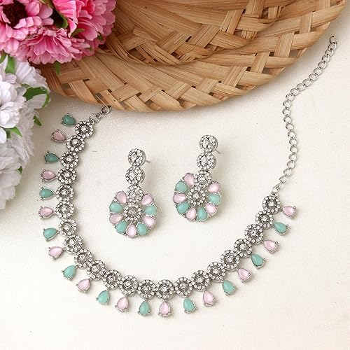 LukGud American Diamond Necklace Jewellery Set with Earrings for Women